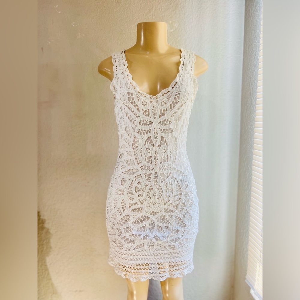 INC women’s dress size 2  white, layered dress with crochet on the top layer.